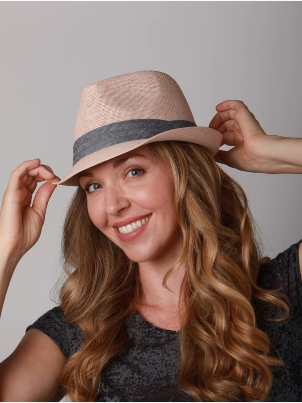 Stylish Pink Fedora Hat with Gray Band - Women Accessories